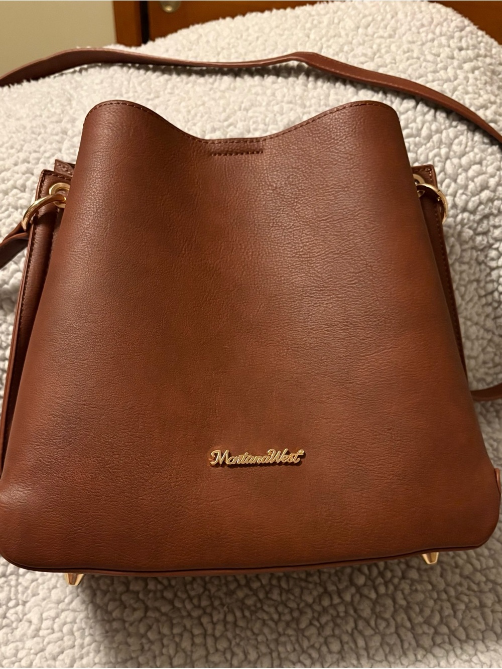 Montana West Brown Leather Crossbody Bucket Bag with Gold Logo